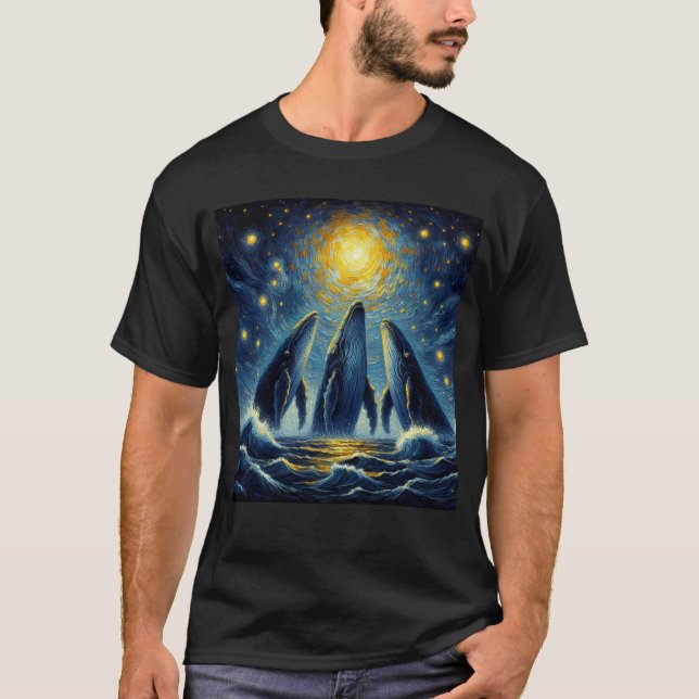 Starry Night Three Whales Howling at Moon Whale T-Shirt (Front)