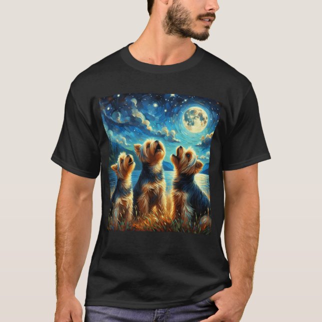 Starry Night Three Yorkshire Terriers Howling at T-Shirt (Front)