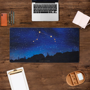 Starry Night Trees Gold Aries Zodiac Constellation Desk Mat
