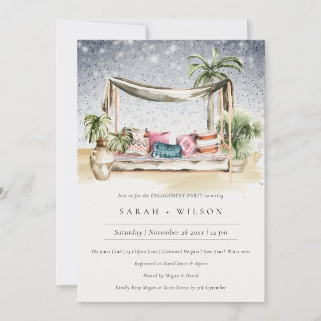 Starry Night Tropical Cabana Engagement Invite (Front)