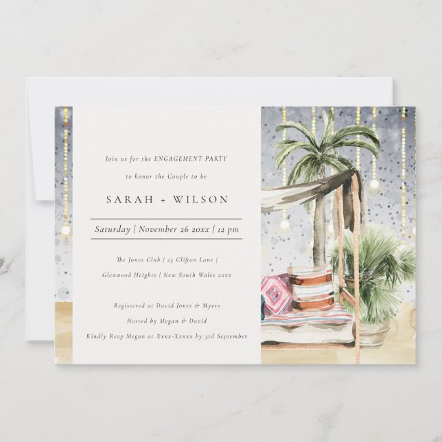 Starry Night Tropical Cabana Engagement Invite (Front)