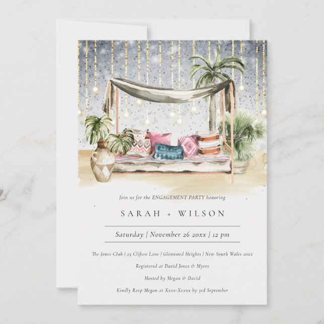 Starry Night Tropical Cabana Engagement Invite (Front)