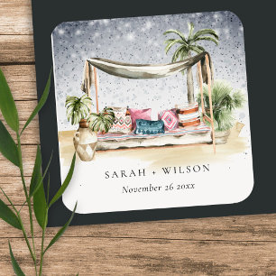 Starry Night Tropical Palm Beach Cabana Wedding Square Sticker