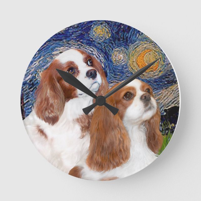 Starry Night - Two Blenheim Cavaliers Round Clock (Front)