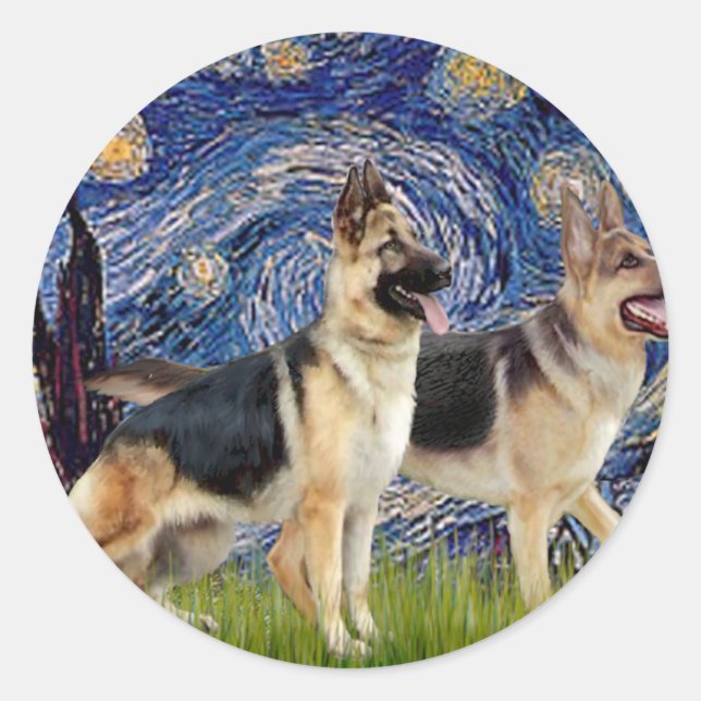 Starry Night - Two German Shepherds Classic Round Sticker (Front)