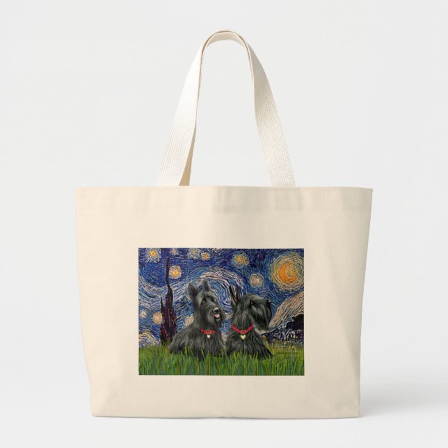 Starry Night - Two Scottish Terriers Large Tote Bag (Front)