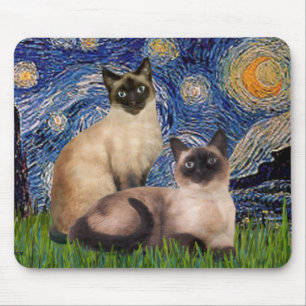 Starry Night - Two Siamese cats (Choc Pt) Mouse Pad