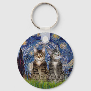 Starry Night - Two Tabby Tiger Cats Key Ring