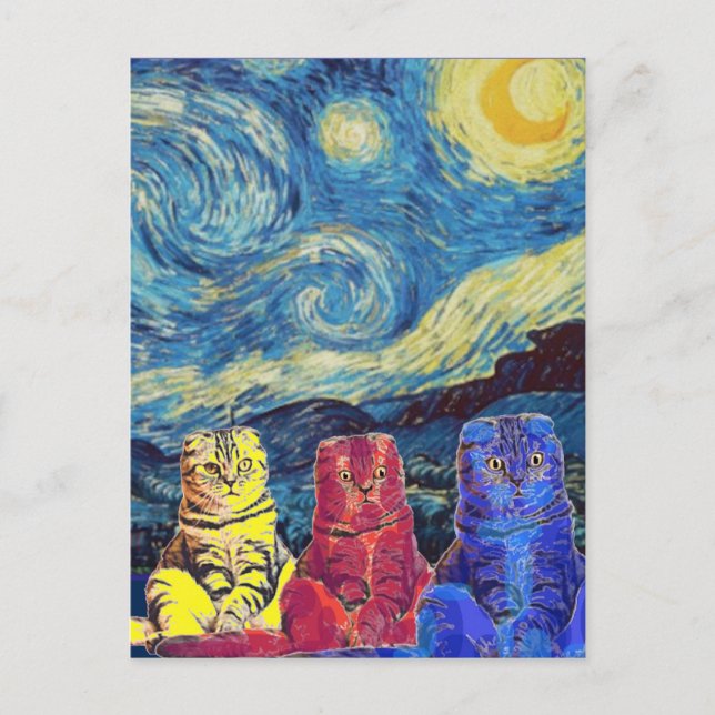 Starry Night, Van Gogh, Cat Art Parody Postcard (Front)