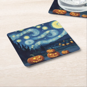 Starry Night Van Gogh Halloween Square Paper Coaster