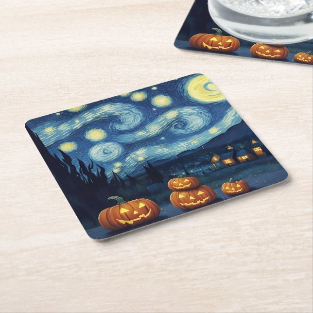 Starry Night Van Gogh Halloween Square Paper Coaster (Angled)