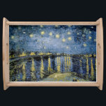 Starry Night  Vincent  van Gogh    Serving Tray<br><div class="desc">Thatched Cottages at Cordeville. Vincent Willem van Gogh. Night landscape in dark blue and yellow tones. There is a bridge across the river. In the foreground, a man and a woman are walking along the embankment. The stars are shining in the sky. Reproduction of famous works of art images in...</div>