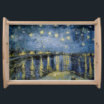 Starry Night  Vincent  van Gogh    Serving Tray<br><div class="desc">Thatched Cottages at Cordeville. Vincent Willem van Gogh. Night landscape in dark blue and yellow tones. There is a bridge across the river. In the foreground, a man and a woman are walking along the embankment. The stars are shining in the sky. Reproduction of famous works of art images in...</div>