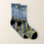 Starry Night  Vincent  van Gogh     Socks<br><div class="desc">Thatched Cottages at Cordeville. Vincent Willem van Gogh. Night landscape in dark blue and yellow tones. There is a bridge across the river. In the foreground, a man and a woman are walking along the embankment. The stars are shining in the sky. Reproduction of famous works of art images in...</div>