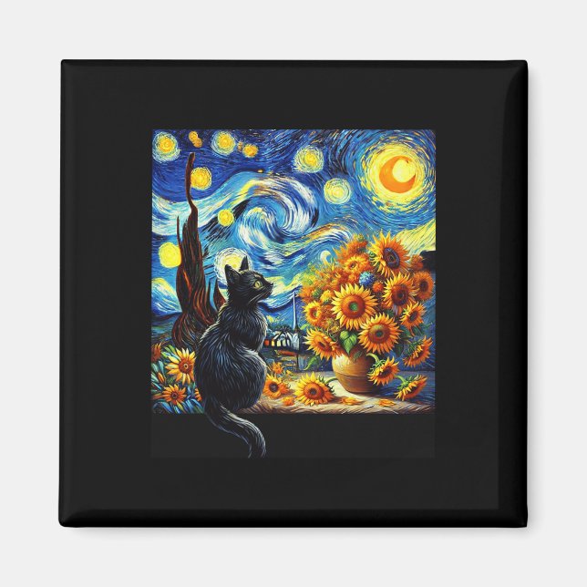 Starry Night Vincent Van Gogh Sunflowers Cat Lover Magnet (Front)