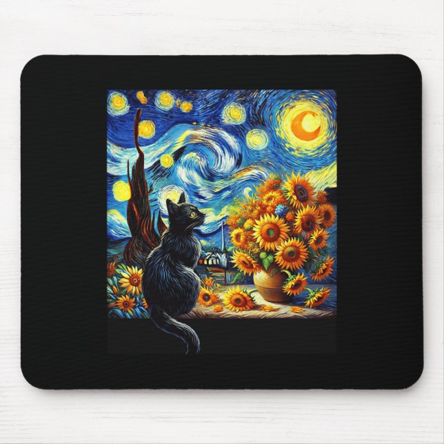 Starry Night Vincent Van Gogh Sunflowers Cat Lover Mouse Pad (Front)