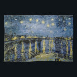 Starry Night  Vincent  van Gogh    Tea Towel<br><div class="desc">Thatched Cottages at Cordeville. Vincent Willem van Gogh. Night landscape in dark blue and yellow tones. There is a bridge across the river. In the foreground, a man and a woman are walking along the embankment. The stars are shining in the sky. Reproduction of famous works of art images in...</div>