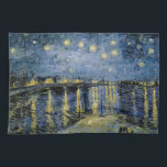 Starry Night  Vincent  van Gogh    Tea Towel<br><div class="desc">Thatched Cottages at Cordeville. Vincent Willem van Gogh. Night landscape in dark blue and yellow tones. There is a bridge across the river. In the foreground, a man and a woman are walking along the embankment. The stars are shining in the sky. Reproduction of famous works of art images in...</div>