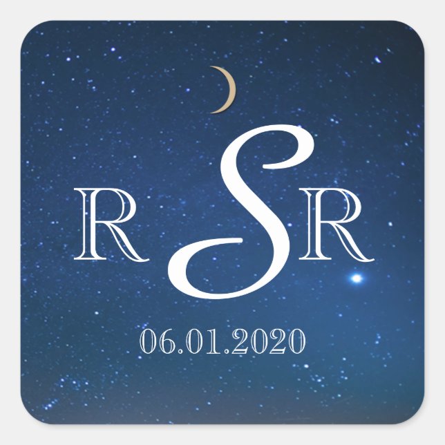 Starry Night Wedding Monogram Square Sticker (Front)