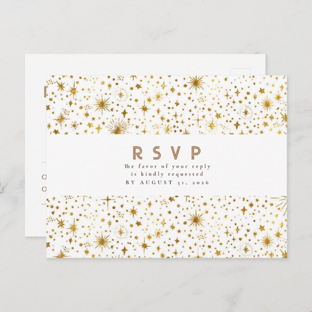Starry Night White and Gold Wedding RSVP Postcard (Front/Back)