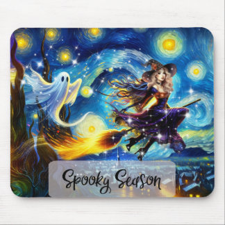 Starry Night Witchy Halloween Design Mouse Pad