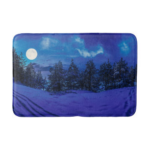 Starry night with full moon in forest bath mat