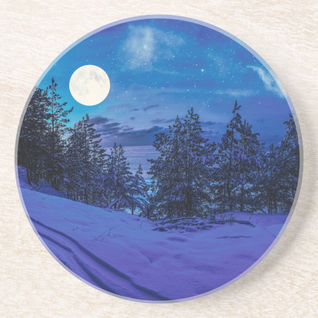 Starry night with full moon in forest coaster (Front)