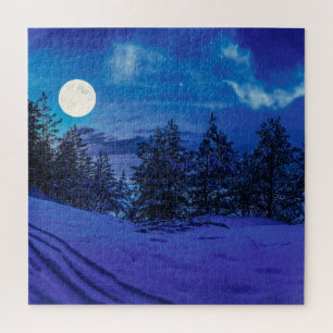 Starry night with full moon in forest jigsaw puzzl puzzle