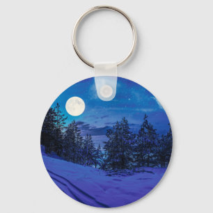 Starry night with full moon in forest key ring