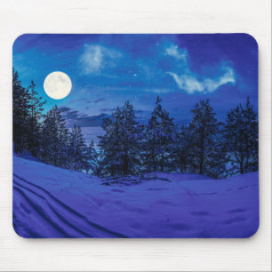 Starry night with full moon in forest mouse pad