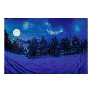 Starry night with full moon in forest poster