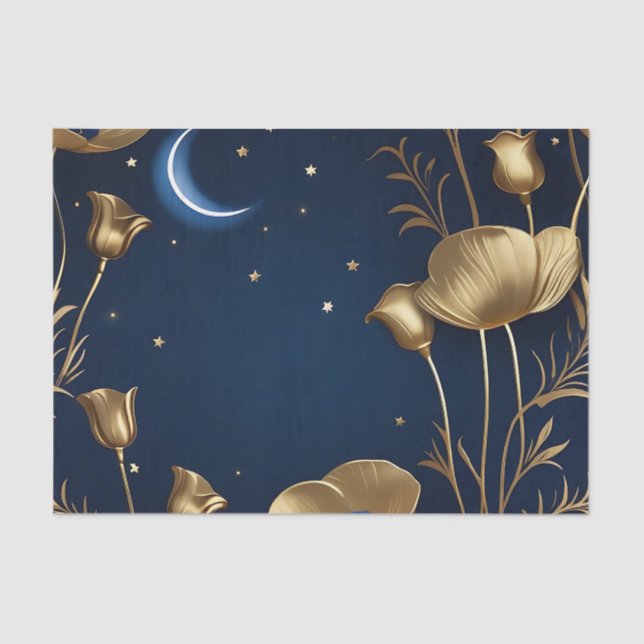 Starry Night with Gold Crescent Moon Tissue Paper (Front)
