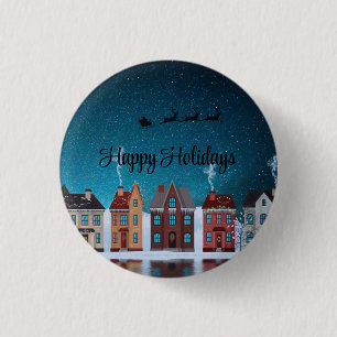 Starry Night With Santa Claus and Houses 3 Cm Round Badge
