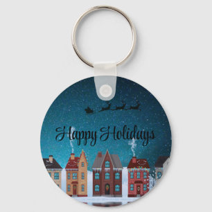Starry Night With Santa Claus and Houses Key Ring