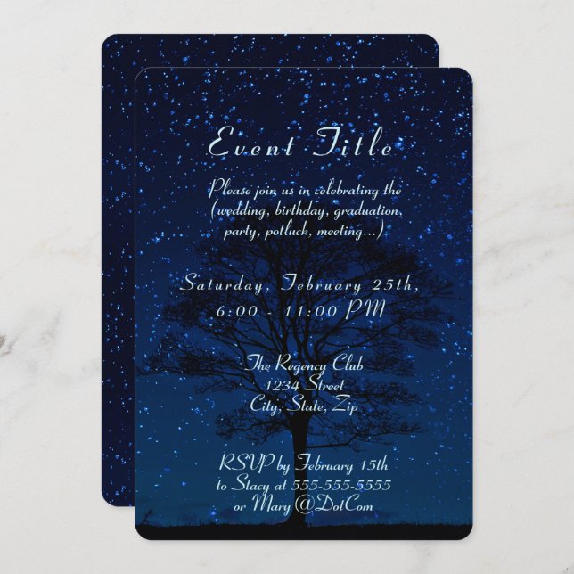 Starry Night with Tree Dark Blue Invitation (Front/Back)