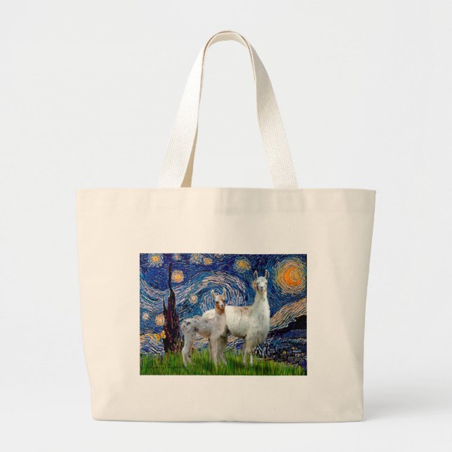 Starry Night with Two Llamas Large Tote Bag (Front)