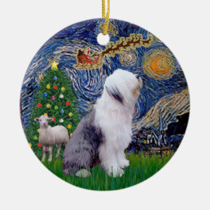 Starry Night Xmas - Old English Sheepdog Ceramic Ornament