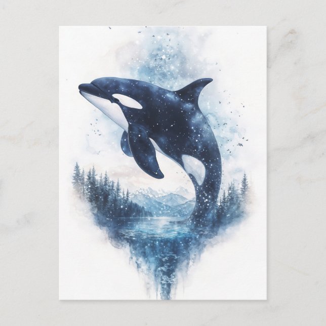 Starry Orca Whale Mountain Forest Postcard (Front)