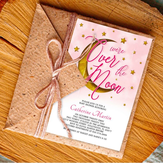 Starry Over The Moon Pink Gold Baby Girl Shower Invitation (Creator Uploaded)