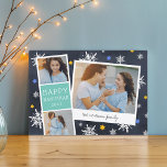Starry Photobooth | Hanukkah Photo Collage Card<br><div class="desc">Cute Hanukkah photo card features a photo booth strip with two photos and a turquoise text panel, plus an instant camera-inspired snapshot with a handwritten caption. Personalise with the year and your family name or custom message, on a navy blue background dotted with hand drawn snowflakes and blue and gold...</div>