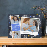 Starry Photobooth | Hanukkah Photo Collage Card<br><div class="desc">Cute Hanukkah photo card features a photo booth strip with two photos and a blue text panel, plus an instant camera-inspired snapshot with a handwritten caption. Personalise with the year and your family name or custom message, on a navy blue background dotted with hand drawn snowflakes and blue and gold...</div>