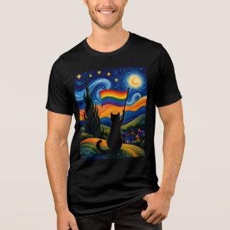 Starry Pride Night Cat Van Gogh Style Rainbow  Tri-Blend Shirt