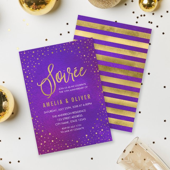 Starry Purple Any Year Soiree Anniversary Invitation (Creator Uploaded)