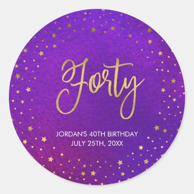 Starry Purple Watercolor 40th Birthday Classic Round Sticker (Front)