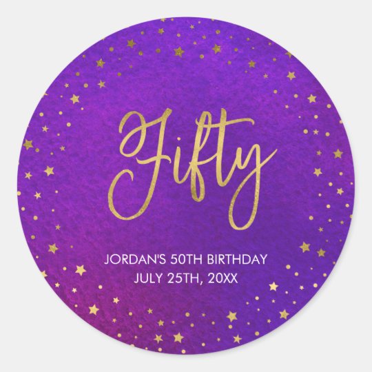 Starry Purple Watercolor 50th Birthday Classic Round Sticker