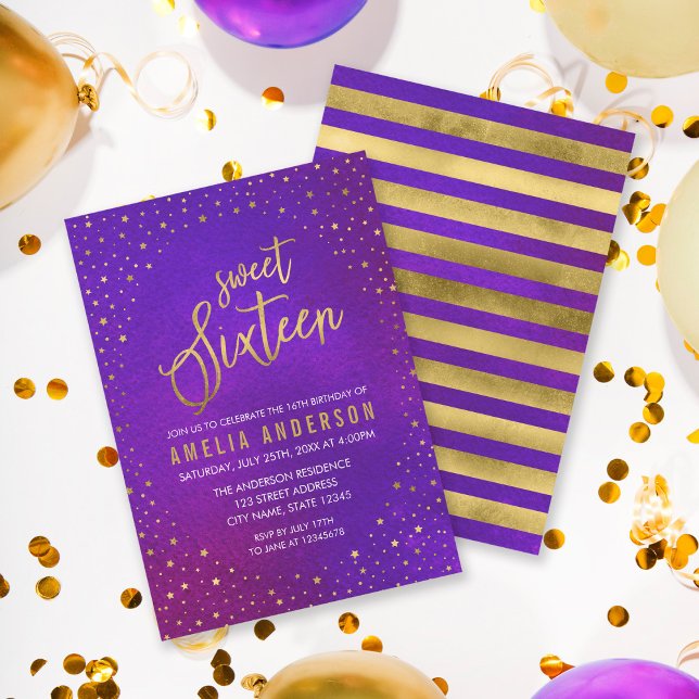 Starry Purple Watercolor Sweet 16 Birthday Invitation (Creator Uploaded)