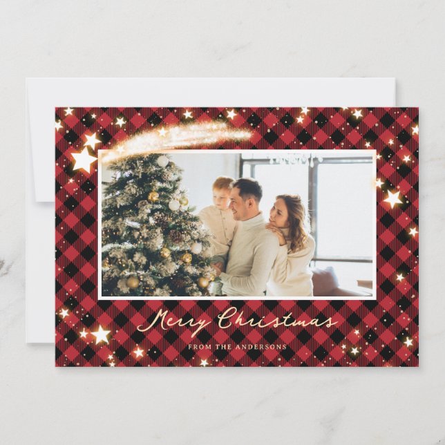 Starry Red Buffalo Plaid Photo Christmas Cards (Front)