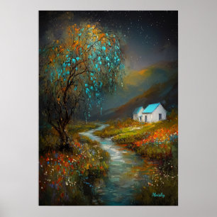 Starry River Cottage - Dreamlike Countryside Poster