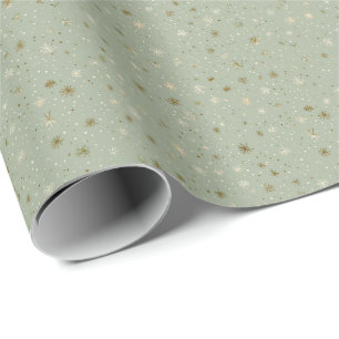 Starry Sage Green and Gold Winter Pattern Wrapping Paper