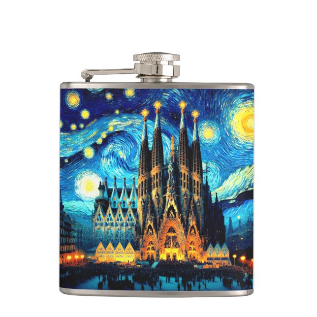 Starry Sagrada Familia Barcelona Hip Flask (Front)